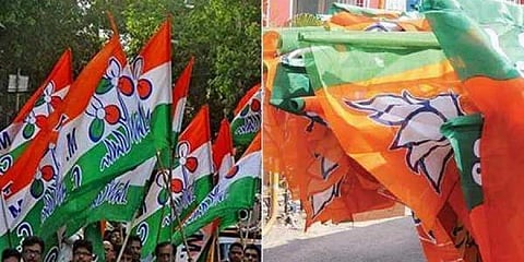 TMC flags (left) and BJP flags