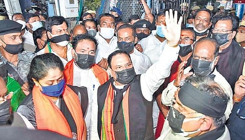 BJP national president JP Nadda waves to the crowd after paying floral tributes  at Mahatma Gandhi statue in Secunderabad on Tuesday, Jan 4, 2022.