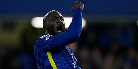Chelsea's Romelu Lukaku celebrates after scoring his side's opening goal during their Premier League match against Brighton at Stamford Bridge Stadium in London, England, Dec. 29, 2021. (Photo | AP)