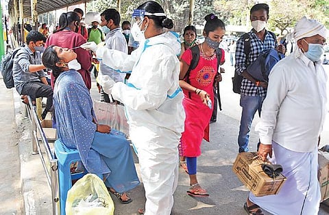 A health worker collects swab samples from passengers at a bus stand in Bengaluru on Wednesday, amid fear of spread of Omicron. (Photo | Vinod Kumar T/EPS)