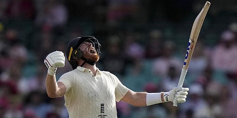 England's Jonny Bairstow celebrates on making a century against Australia during the third day of the fourth Ashes cricket test match in Sydney, Friday, Jan. 7, 2022. ( Photo | AP)