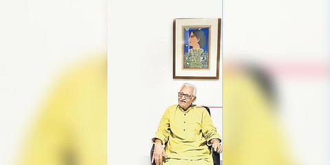 Lalu Prasad Shaw in front of one his tempera paintings ​