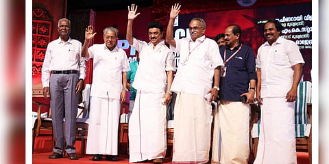 amil Nadu Chief Minister MK Stalin s addressing the CPI's Kerala State conference's session on federalism and Centre-State relations.  (Photo | Twitter, @mkstalin)