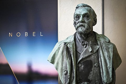 A bust of Alfred Nobel on display at the Karolinska Institute in Stockholm, Sweden, on Monday, Oct. 3, 2022.  (Photo | AP)
