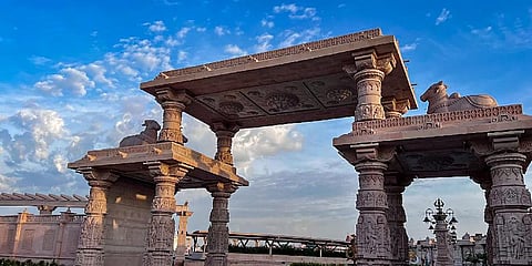 A grand gateway titled 'Nandi Dwar' constructed as part of the 'Mahakal Lok' project, in Ujjain. (Photo | PTI)