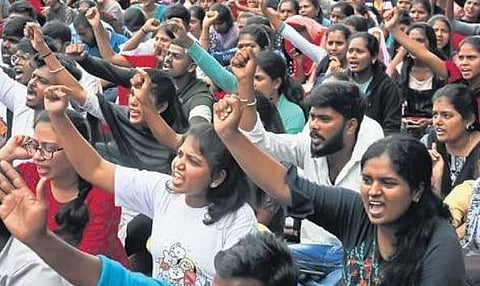 BU students protesting ealier on Tuesday | Vinod Kumar T