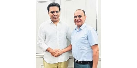 IT Minister KT Rama Rao with Pradeep Chowdhry, MD of Gemini Edibles and Fats, in Hyderabad on Wednesday