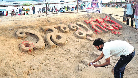 Visakha Garjana sand sculpture at RK Beach in Vizag on Thursday | G Satyanarayana