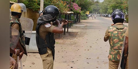 File photo of police firing during a massive rally taken out demanding the closure of Sterlite Copper plant in the port town of Thoothukudi. (File | EPS)