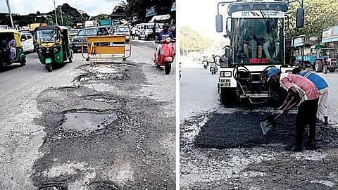 The pothole-ridden part of the Vatal Nagaraj Road, where a pillion-rider was injured after her leg came under a KSRTC bus (left); BBMP workers attend to pothole, on Monday | Shashidhar Byrappa