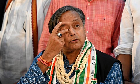 Shashi Tharoor addresses the press after his loss to Mallikarjun Kharge in the Congress presidential election. (Photo | Shekhar Yadav, EPS)