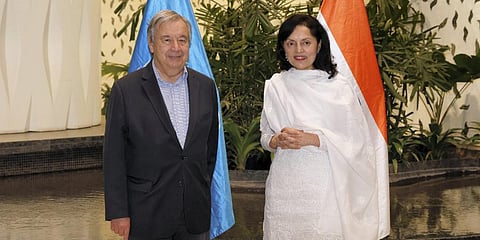 United Nations Secretary General Antonio Guterres being welcomed by India's Permanent Representative to the UN Ruchira Kamboj on his arrival in Mumbai. (Photo | PTI)