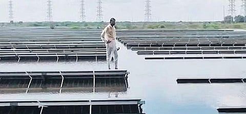 The flooded solar park at Pavagada in Tumakuru district