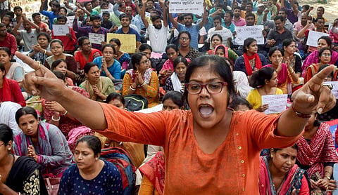Kolkata: Pre-Teacher Education Test (PTET) qualified candidates of 2014 batch during the 3rd day of hunger strike against the alleged SSC scam at Salt Lake, in Kolkata. (Photo | PTI)