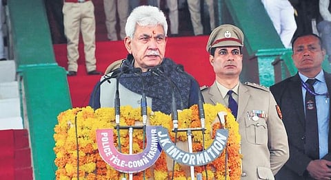 J&K Lieutenant Governor Manoj Sinha speaks after a parade to mark the  Police Commemoration Day in Srinagar on Friday. (Photo | Zahoor Punjabi)
