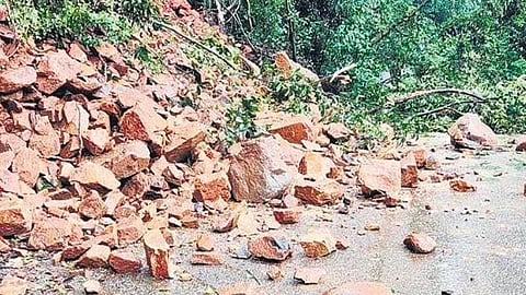 Seeing the stones rolling down from the mountain, people started moving helter-skelter leading to a stampede, which caused injuries to nine devotees.
