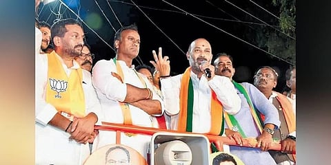 BJP State president Bandi Sanjay addresses a gathering while campaigning for saffron party candidate Komatireddy  Rajagopal Reddy at Narayanapur on Friday