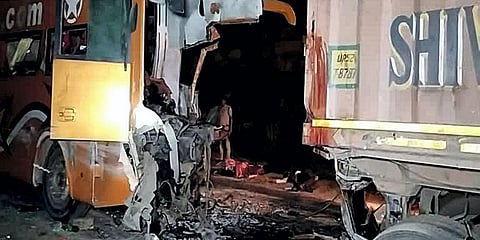 Wreckage of a bus after it collided with a stationary truck, in Rewa district of Madhya Pradesh. (Photo | PTI)
