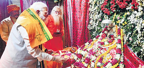 Prime Minister Narendra Modi worships Lord Ramlala Virajman in Ayodhya on Sunday. (Photo | PTI)