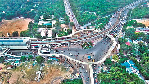 An aerial view of the Elevated Walkway at the busy Uppal Junction