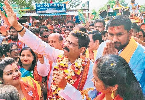 Union Education Minister Dharmendra Pradhan campaigning for BJP candidate in Dhamnagar on Friday | Express