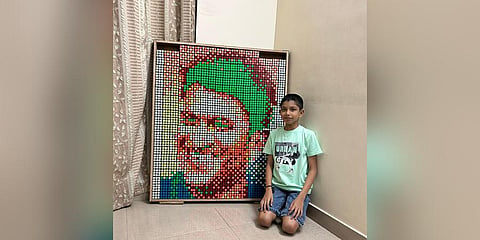 Shresht Prabhu, a nine-year-old, has created a portrait of the late actor made ntirely of Rubik’s cubes.