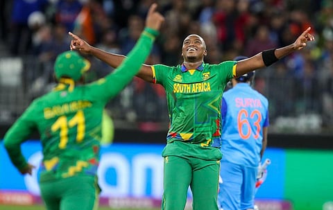 South Africa's Lungi Ngidi celebrates after taking the wicket of India's Hardik Pandya during the T20 World Cup cricket match between the India and South Africa in Perth, Australia. (Photo | PTI)