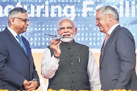 PM Narendra Modi during the foundation stone laying ceremony of C-295 transport aircraft manufacturing plant in Vadodara on Sunday. (Photo | PTI)