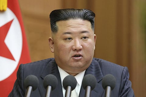 This photo provided by the North Korean government shows Kim Jong Un delivering a speech during a parliament in Pyongyang, North Korea on Sept. 8, 2022. (File Photo | AP)