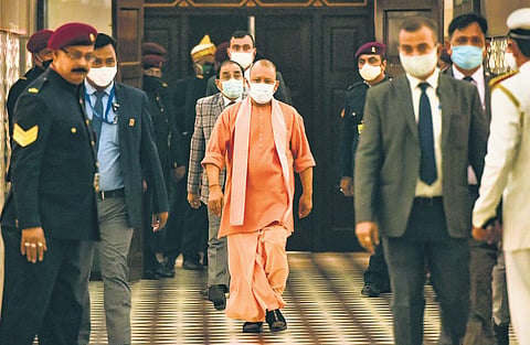 In this file image, CM Yogi Adityanath arrives to attend the UP Assembly session in Lucknow. (Photo | PTI)