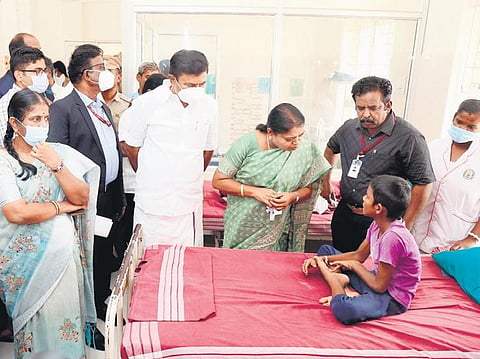 Ministers Geetha Jeevan and MP Saminathan visiting the children receiving treatment at Tiruppur medical college hospital on Friday | Express