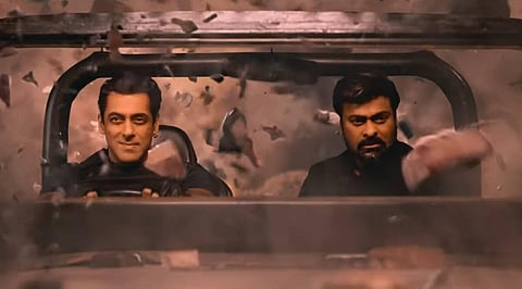 A still from the newly released  Telugu film 'GodFather' starring Chiranjeevi in the lead and featuring Salman Khan  in an extended cameo.