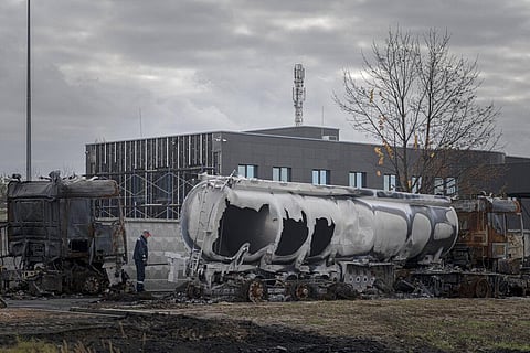 A view of a fuel depot hit by Russian missile in the town of Kalynivka, about 30 kilometers southwest of Kyiv, Oct. 27, 2022. (Photo | AP)