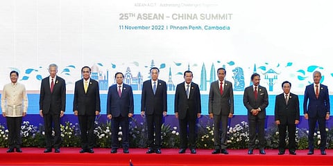 Leaders from the ASEAN regional bloc pose during group photo of the ASEAN - China Summit  in Phnom Penh, Cambodia, Nov. 11, 2022. (Photo | AP)