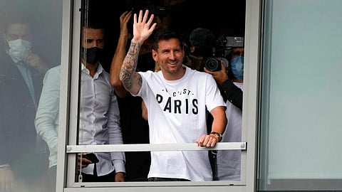 In this file image, Lionel Messi waves after arriving at Le Bourget airport, north of Paris. (Photo | AP)