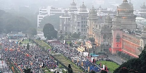Hundreds of people attend the Karnataka Rajyotsava function in front of Vidhana Soudha in Bengaluru on Tuesday | Shashidhar Byrappa