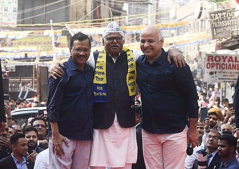 Congress former MP Mahabal Mishra join AAP party in the presence of  Chief Minister of Delhi Arvind Kejriwal, Manish Sisodia during the  ‘Jansamvad’ for MCD election campaign. (Photo | Parveen Negi)