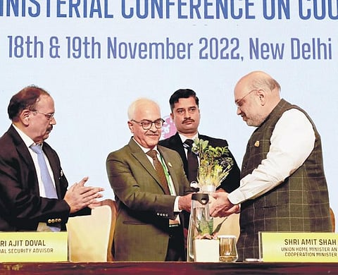Home Minister Amit Shah with Home Secretary Ajay Kumar Bhalla during the  third ‘No Money for Terror’ Ministerial Conference on Counter-Terrorism Financing  in New Delhi on Saturday | PTI