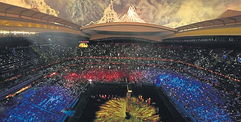 Fireworks go off at the Al Bayt Stadium during the glittering Opening Ceremony of the 2022 FIFA World Cup on Sunday. (Photo | AP)