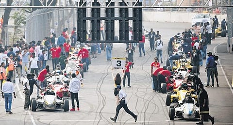 The first phase of the Formula E trial run by the Indian Racing League underway at the newly-laid circuit at Hussainsagar in Hyderabad on Sunday |  Vinay Madapu