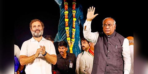 Congress leader Rahul Gandhi with Congress President Mallikarjun Kharge at a public meeting during the party's 'Bharat Jodo Yatra', in Hyderabad.(File Photo | PTI)