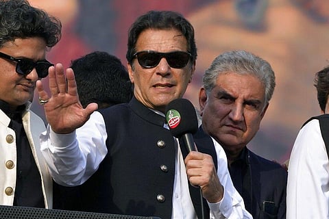 Pakistan's former Prime Minister Imran Khan,(C), addresses to his supporters at a rally in Lahore, Pakistan, Friday, Oct. 28 2022. (Photo|AP)