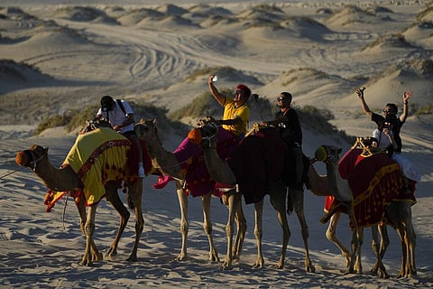 People take selfies while riding camels in Mesaieed, Qatar, Nov. 26, 2022.