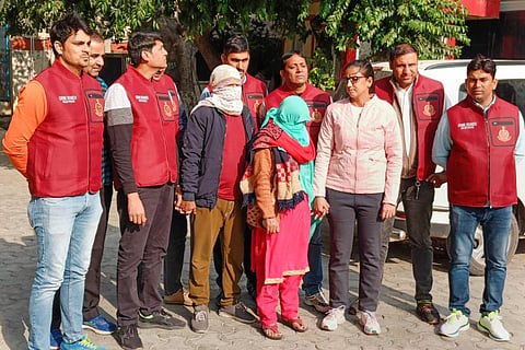 Poonam and her son Deepak, accused in the murder of the former's husband Anjan Das, following their arrest by police, in New Delhi. (Photo | PTI)