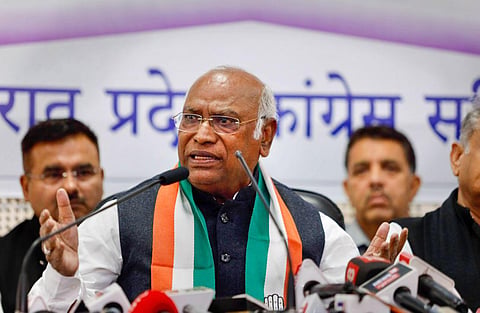 Congress President Mallikarjun Kharge addresses a press conference ahead of the upcoming Gujarat Assembly elections, in Ahmedabad. (Photo | PTI)