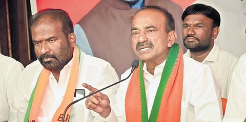 BJP MLA Eatala Rajender addresses the media in Hyderabad on Wednesday