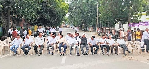 Lawyers blocking the road to district court in Sambalpur on Wednesday | Express