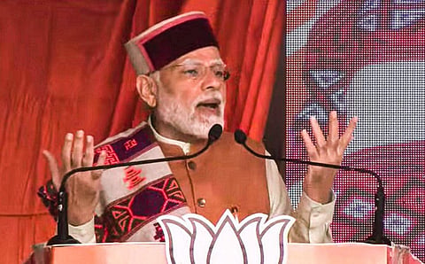 Prime Minister Narendra Modi addresses public meeting in Chambi, Himachal Pradesh. (Photo | PTI)