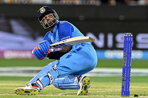 Suryakumar Yadav put his scoop shot to good use, scoring 28 off his 61 runs in the 'V' behind the wicket. (File photo | AFP)