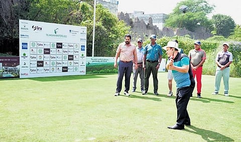 Sandeep Kumar Sultania, Secretary, Youth Advancement, Tourism and Culture Department plays a stroke during the launch of the IRA presents Telangana Golconda Masters 2022 at the Hyderabad Golf Associat